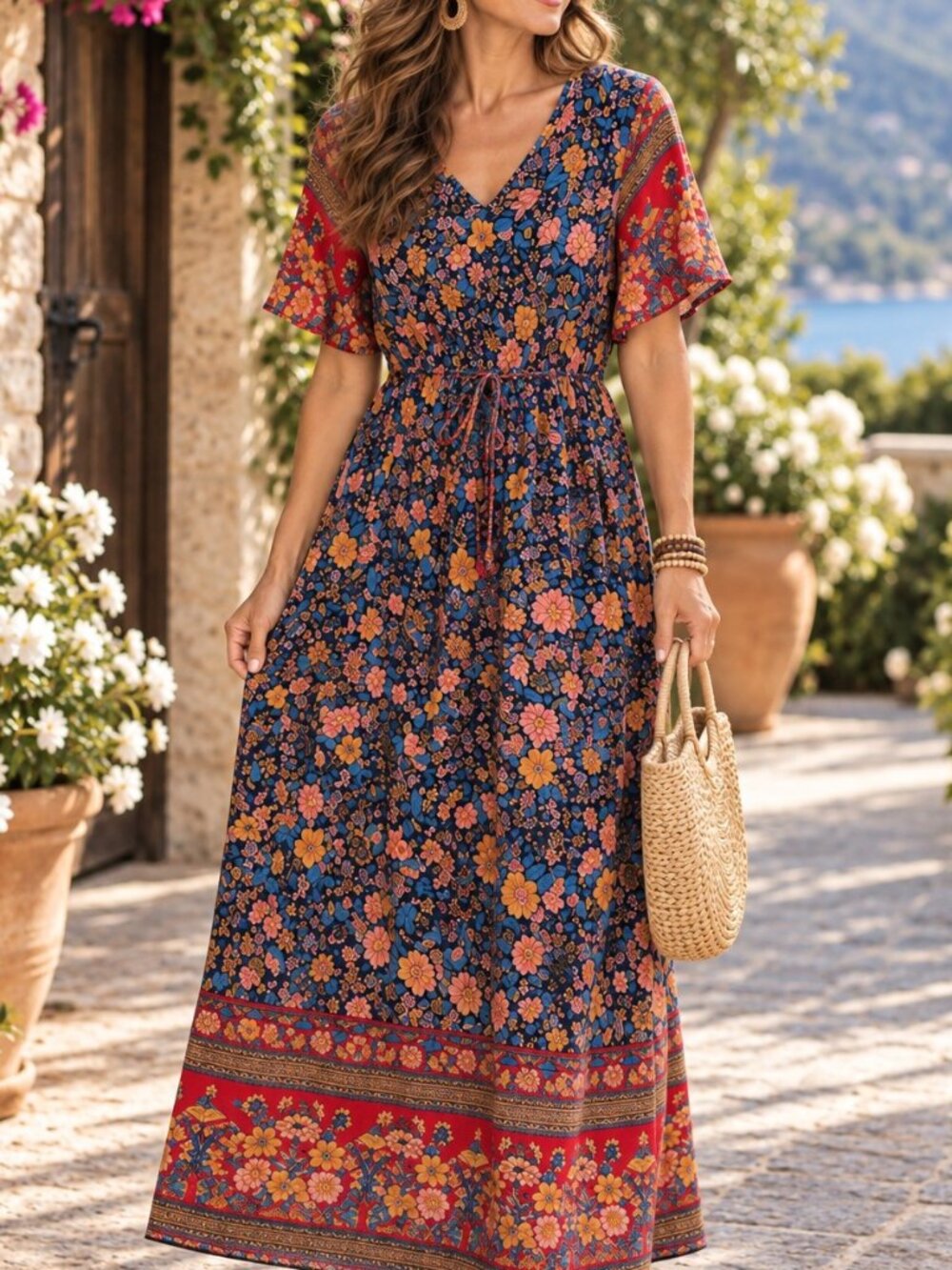 Grecerelle Maxi Dress Cinch Waist Tie Front Cotagecore Boho Festival Size M